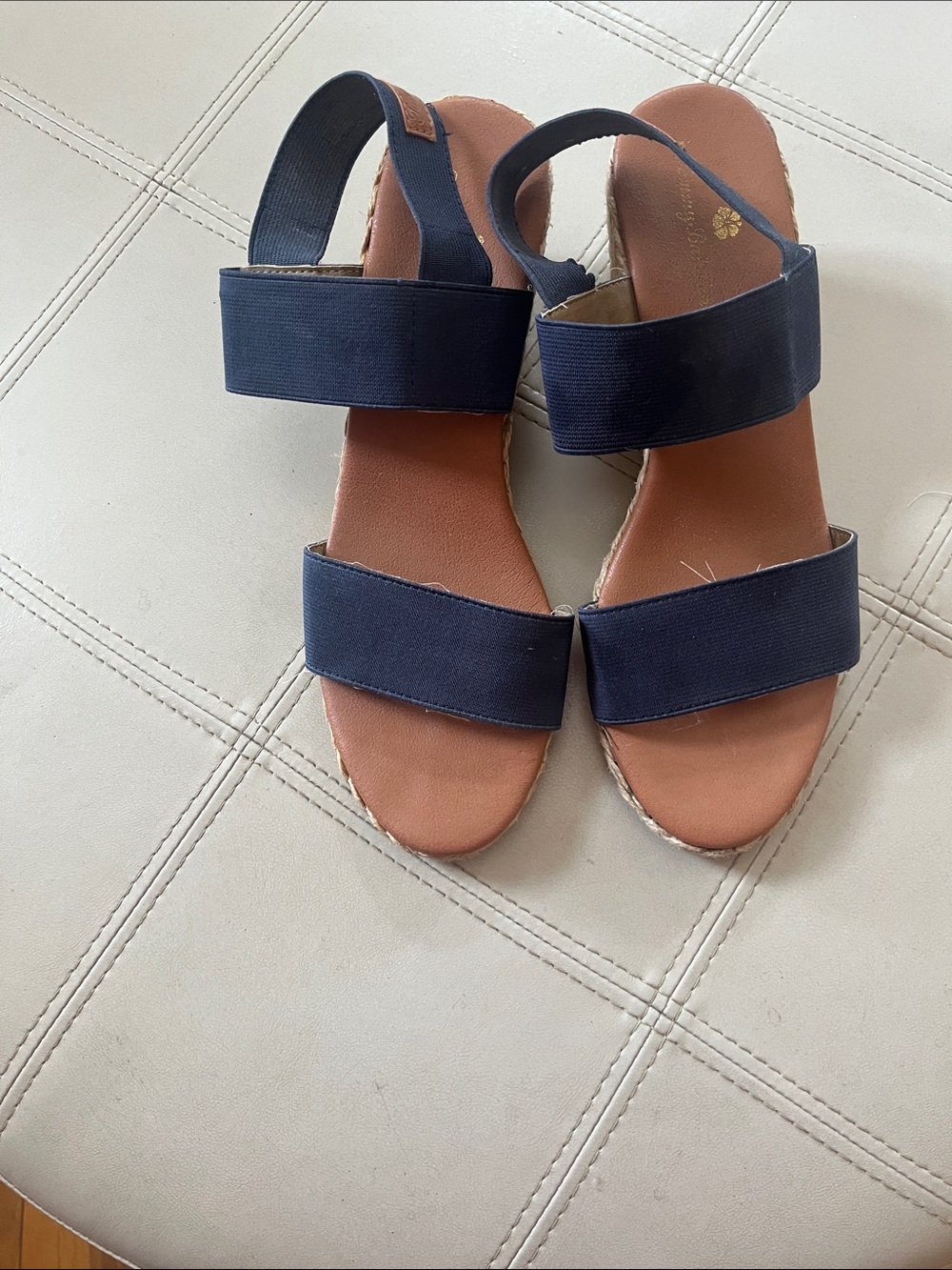 Tommy Hilfiger Navy Elastic Strap Sandals with Brown Footbed. Jute wedge